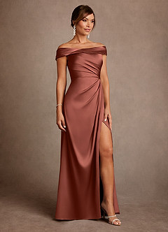 Azazie Bedford Mother of the Bride Dresses Auburn Sheath Pleated Stretch Satin Dress image4