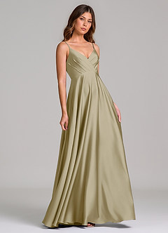 Azazie Amani Bridesmaid Dresses Moss Green A-Line Pleated Stretch Satin Dress image1