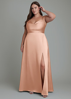 Azazie Sarella Vestidos de damas de honor Vestido Oro Rosa de Satén Elástico de Línea A con Plisado image6