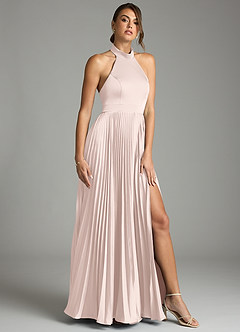 Azazie Zienna 신부 들러리 드레스 A라인 주름진 스트레치 새틴 바닥 길이 드레스 image1