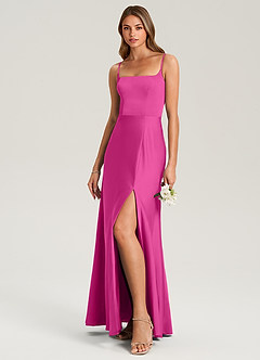 Azazie Lidia Bridesmaid Dresses Fuchsia Mermaid Side Slit Stretch Satin Dress image3