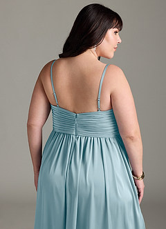 Azazie Alia Bridesmaid Dresses Moody Blue A-Line Pleated Stretch Satin Dress image15