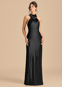 Azazie Velli 신부 들러리 드레스 쉬스 하이넥 메탈릭 새틴 바닥 길이 드레스 image2