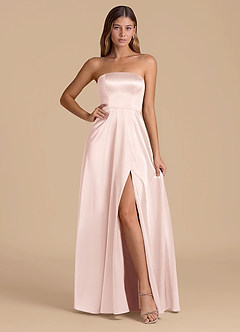 Azazie Wren 신부 들러리 드레스 A라인 스트랩리스 메탈릭 새틴 바닥 길이 드레스 image1