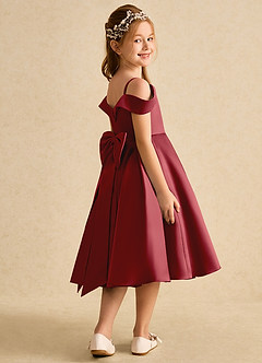 Azazie Favia Flower Girl Dresses Pomegranate A-Line Off the Shoulder Matte Satin Dress image3