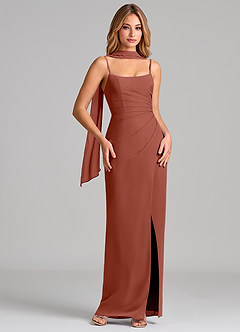 Azazie Calandra 신부 들러리 드레스 쉬스 주름진 쉬폰 바닥 길이 드레스 image1