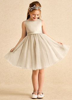 Azazie Jani Flower Girl Dresses Champagne A-Line Bow Tulle Dress image2
