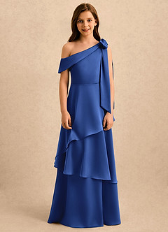 Azazie Shyloh Girls Formal Flower Girl Dresses Royal Blue A-Line Off the Shoulder Stretch Satin Dress image6