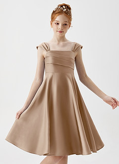 Azazie Amira Junior Taupe A-Line Pleated Stretch Satin Dress image3