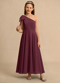 Azazie Guppy Girls Formal Robe Demoiselle D'honneur Fillette Robe Trapèze en Mousseline de soie Une épaule Cabernet image3