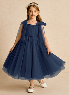 Azazie Dori Robe Demoiselle D'honneur Fillette Robe Trapèze en Tulle Rayé Bleu Marine Foncé image2