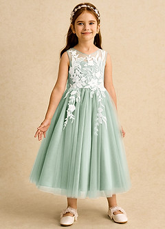 Azazie Sundae Jurken voor bloemenmeisjes Baljurk Jurk van Kant Agave image5