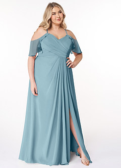 Azazie Dakota Abiti da Damigella Abito A-Line in Chiffon con Scollo a V a Pieghe Blu Lunatico image16