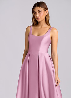 Azazie Amalie Vestidos de damas de honor Vestido de Rosa Caramelo de Satén Elástico de Línea A con Plisado image12