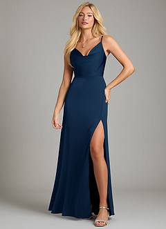 Azazie Sarella Bridesmaid Dresses Dark Navy A-Line Pleated Stretch Satin Dress image4