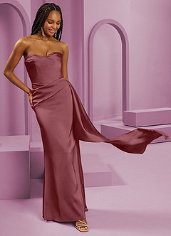 Barbie ♥ Azazie Robes de demoiselle d'honneur Robe Fourreau Convertible en Satin extensible Sans bretelle Rose Du Désert image5