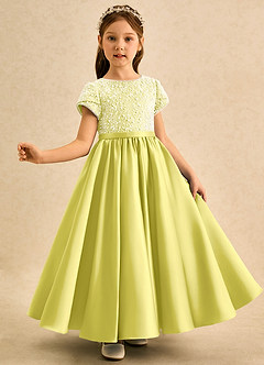 Azazie Cashew Flower Girl Dresses Canary Ball-Gown with Sleeves Matte Satin Dress image4