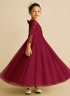 Azazie Precious Flower Girl Dresses Burgundy A-Line Lace Tulle Dress image3