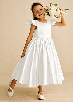 Azazie Violeta Flower Girl Dresses Ivory Ball-Gown Bow Matte Satin Dress image1
