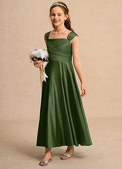 Azazie Bundle Girls Formal vestidos de niña de las flores Vestido de Oliva de Satin Mate de Corte en A con Plisado image5