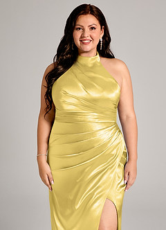 Azazie Jemma Bridesmaid Dresses Canary Sheath Pleated Metallic Satin Dress image5