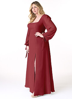 Azazie Leonia Bridesmaid Dresses Pomegranate A-Line Long Sleeve Chiffon Dress image10