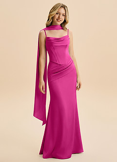 Azazie Sorrel Junior Robe Sirène en Satin extensible Rayé Fuchsia image3