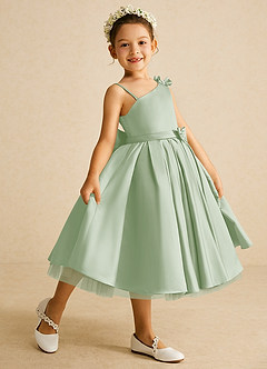 Azazie Lollipop vestidos de niña de las flores Vestido de Salvia Polvorienta de Satin Mate de Corte En A con Hombro unilateral image1