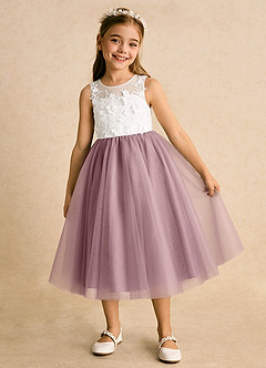 Azazie Lina Flower Girl Dresses Ivory Dusty Rose Ball-Gown Lace Dress image2