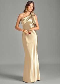 Azazie Yuanna Bridesmaid Dresses Champagne Mermaid One Shoulder Metallic Satin Dress image3