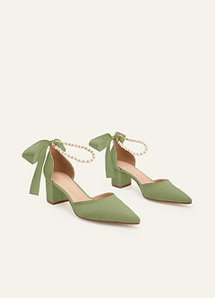 front Matching Color Matte Satin Pearl and Bow Pointed Toe Block Heels