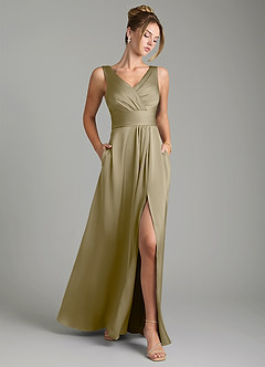 Azazie Karina Bridesmaid Dresses Moss Green A-Line Pleated Stretch Satin Dress image1