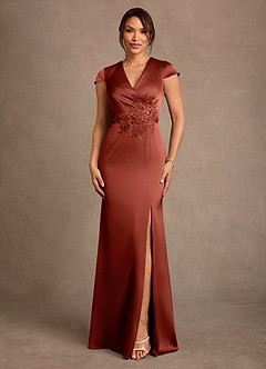 Azazie Rilda 신부의 어머니 드레스 쉬스 레이스 스트레치 새틴 플로어 길이 드레스 image1