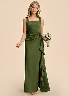 Azazie Adrienne Junior Olive Sheath Pleated Stretch Satin Dress image4
