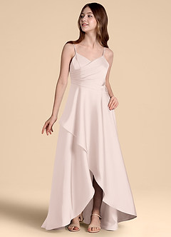 Azazie Prisha Junior Robe Trapèze en Satin extensible Plissée Rose Pâle image4