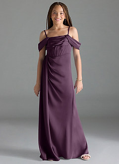 Azazie Amyra Junior Plum Sheath Off the Shoulder Stretch Satin Dress image1