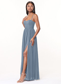 Azazie Marilyssa Vestidos de madrinha de casamento Vestido Azul Empoeirado de Chiffon elástico de Linha A com Espartilho image1
