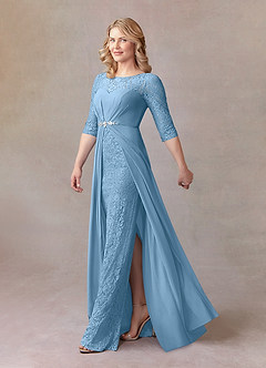 Azazie Leonine Moeder van de bruid jurken A-Lijn Jurk van Chiffon Scoop kant Staal Blauw image2