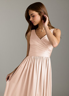Azazie Keyla Bridesmaid Dresses Blushing Pink A-Line Pleated Stretch Satin Dress image8