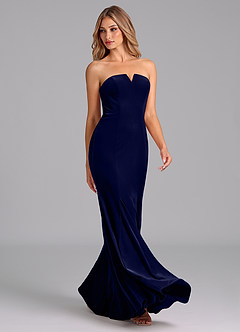 Azazie Yinnie Robes de demoiselle d'honneur Robe Sirène Convertible en velours Sans bretelle Bleu Marine Foncé image5