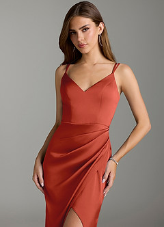 Azazie Leo Bridesmaid Dresses Rust Sheath Pleated Stretch Satin Dress image5