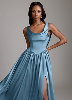 Azazie Novi Vestidos de madrinha de casamento Vestido Aço Azul de Cetim elástico de Linha A com com bolsos image3