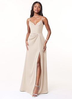Azazie Brielle Robes de demoiselle d'honneur Robe Trapèze en Satin extensible Bretelles spaghetti Albâtre Blanc image1