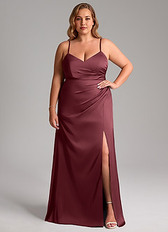 Azazie Azuree Bridesmaid Dresses Merlot A-Line Pleated Stretch Satin Dress image11