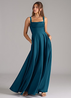 Azazie Shaude Bridesmaid Dresses Ink Blue A-Line Pleated Stretch Satin Dress image3