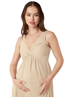 Azazie Yetta Maternity Bridesmaid Dresses A-Line V-Neck Gathered Chiffon Floor-Length Dress image6