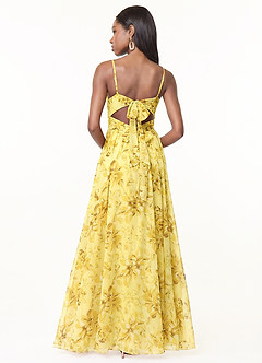 Azazie Zeya Robes de demoiselle d'honneur Robe Trapèze en Mousseline de soie Col V plissé Sorbet Au Citron Fleurs image3