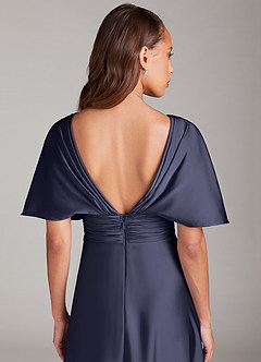 Azazie Pamela Robes de demoiselle d'honneur Robe Trapèze en Satin extensible Plissé Bleu Orageux image6