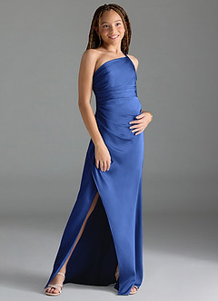Azazie Eren Junior Royal Blue Sheath Pleated Stretch Satin Dress image3