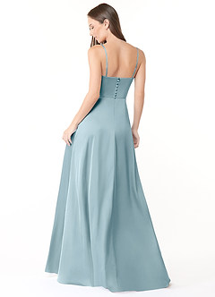 Azazie Halsey Bridesmaid Dresses Moody Blue Sheath Side Slit Stretch Satin Dress image2
